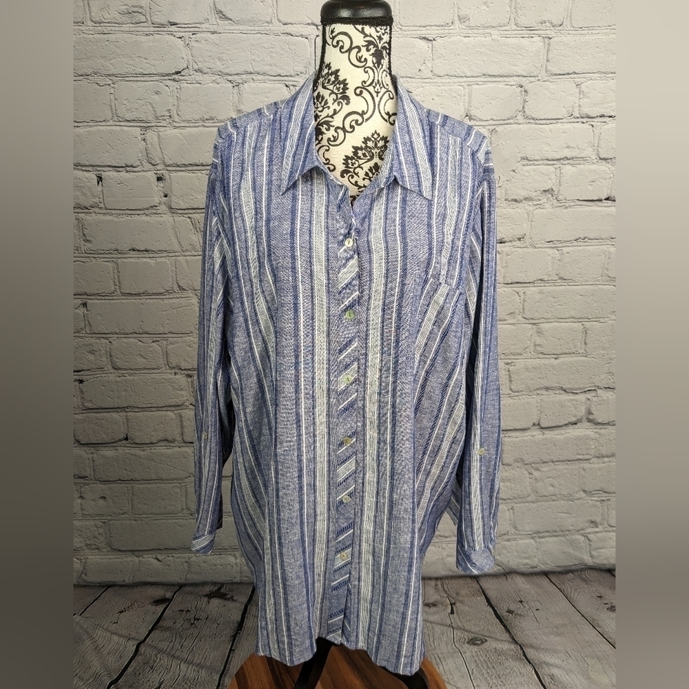 Susan Graver women's long tab sleeve size 3x striped print button front shirt b8